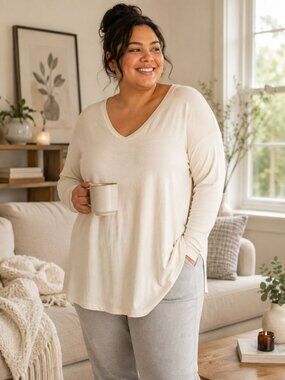 LOGO Lounge Cream V-Neck Long Sleeve Tunic Top Cozy  Boho Coastal Casual Size 1X
